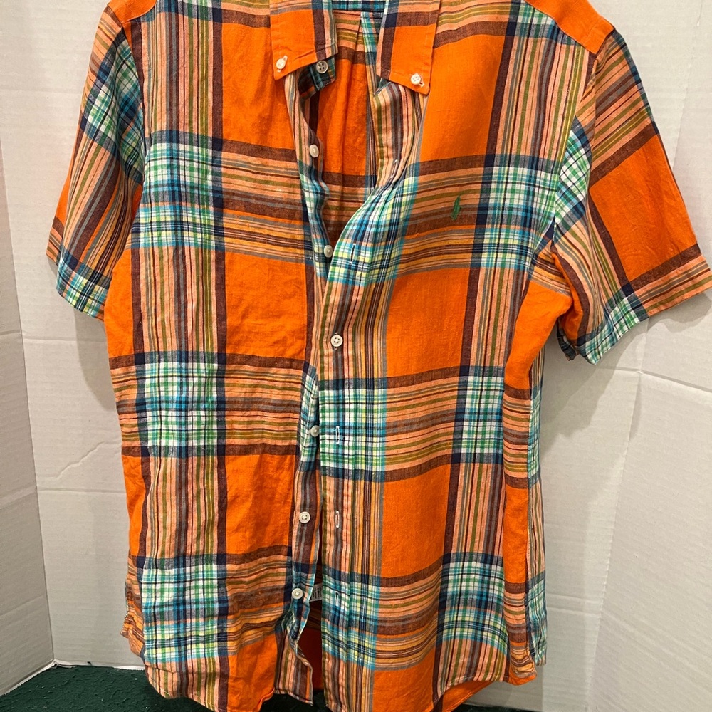 RALPH LAUREN 100% Linen Size S Orange Plaid Men’s Shirt.. Gorgeous color combo. - Picture 2 of 8